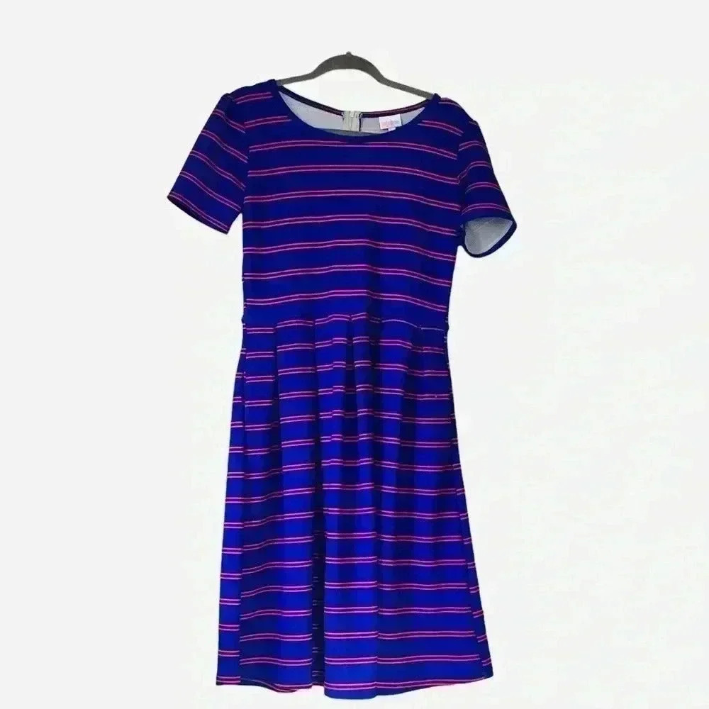 LuLaRoe Amielia Womens Red Blue Stripe Dress Short Sleeve Round Neck EUC Large
